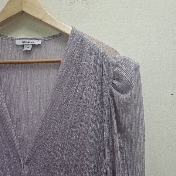 Sabina Musayev Carry Ruffled Mini Dress Metallic Foil V Neck Size XL Purple - Picture 7 of 11